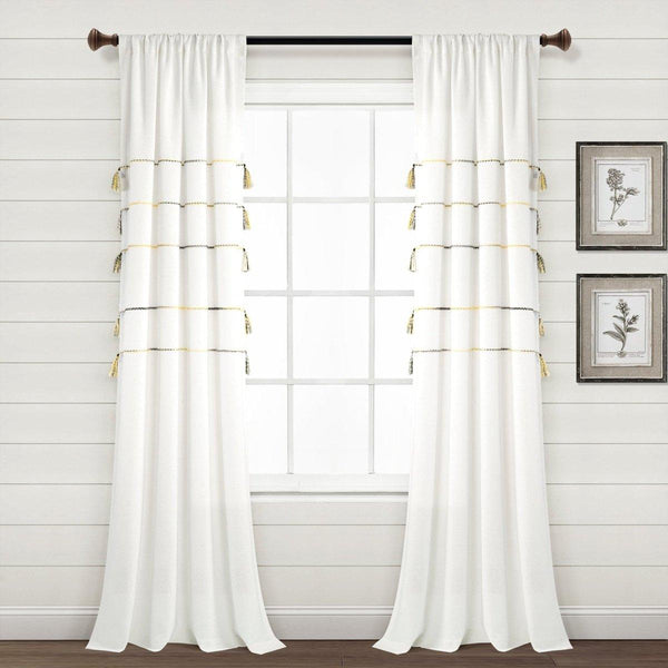 Farmhouse Boho Stripe Woven Tassel Yarn Dyed Recycled Cotton Blend Window Curtain Panel Set