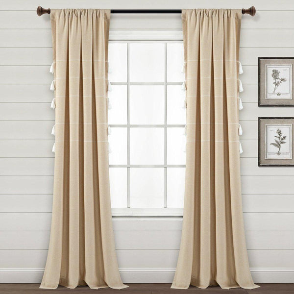 Farmhouse Boho Stripe Woven Tassel Yarn Dyed Recycled Cotton Blend Window Curtain Panel Set