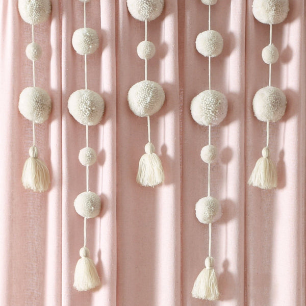 Boho Pom Pom Tassel Faux Linen Window Curtain Panel
