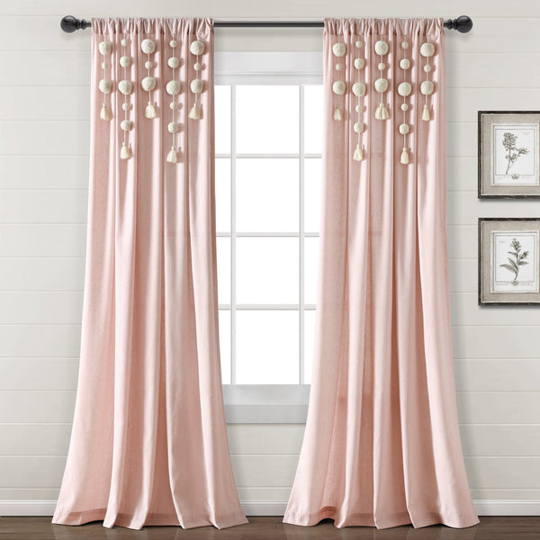 Boho Pom Pom Tassel Faux Linen Window Curtain Panel