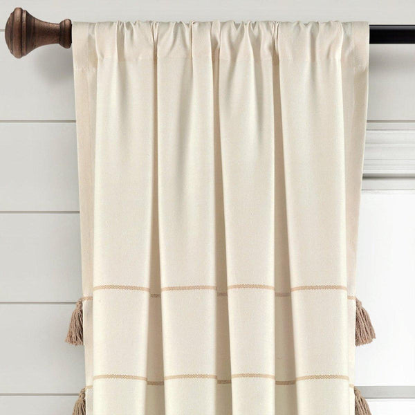 Farmhouse Boho Stripe Woven Tassel Yarn Dyed Recycled Cotton Blend Window Curtain Panel Set