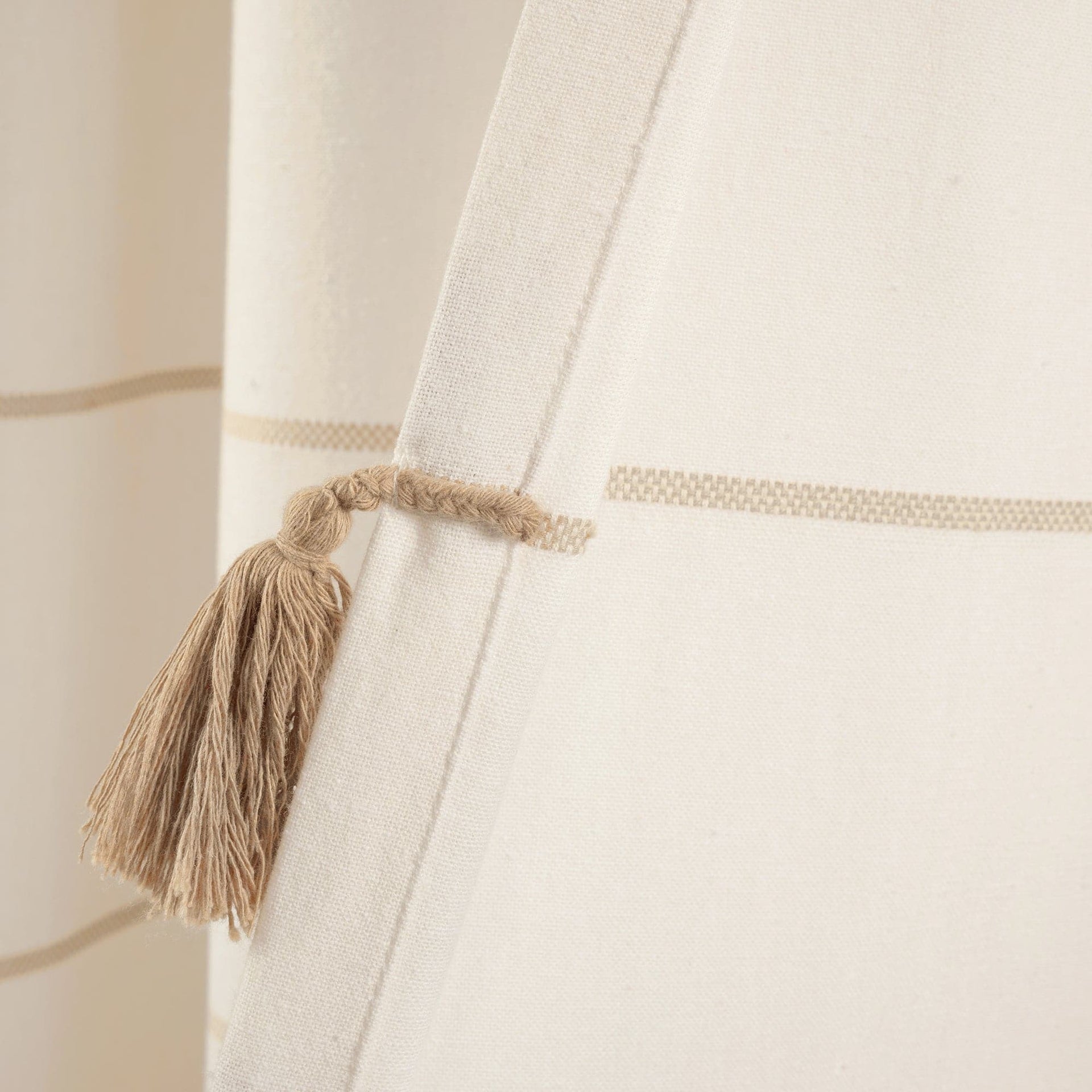 Farmhouse Boho Stripe Woven Tassel Yarn Dyed Recycled Cotton Blend Window Curtain Panel Set