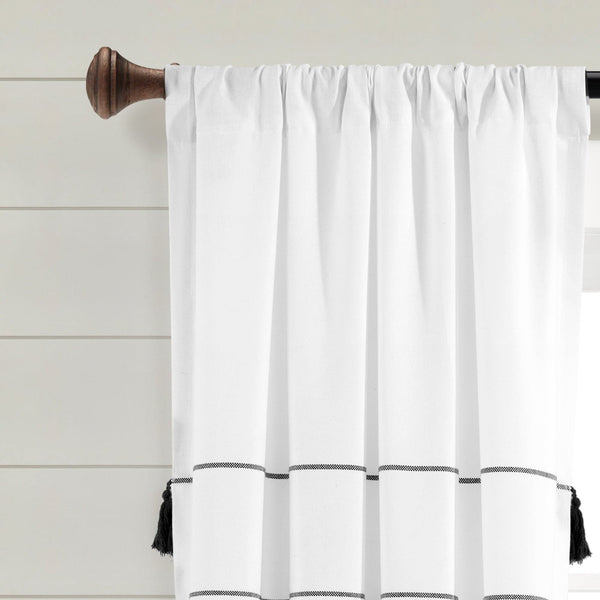 Farmhouse Boho Stripe Woven Tassel Yarn Dyed Recycled Cotton Blend Window Curtain Panel Set