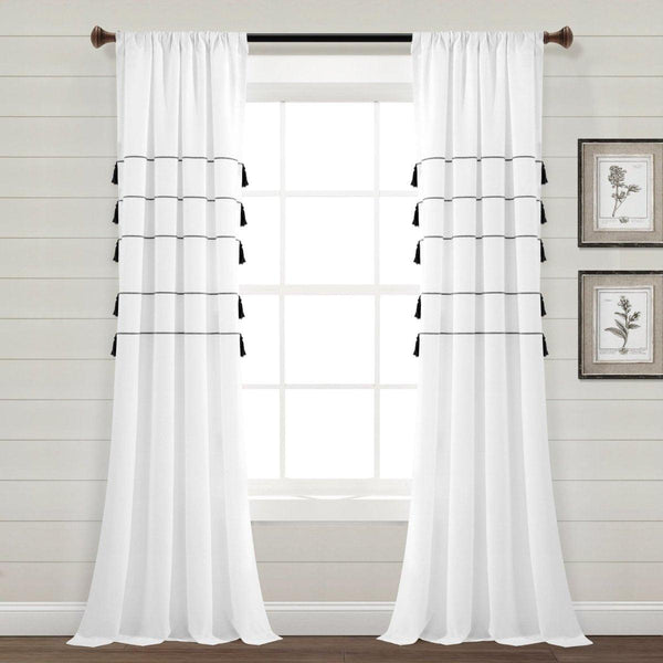 Farmhouse Boho Stripe Woven Tassel Yarn Dyed Recycled Cotton Blend Window Curtain Panel Set