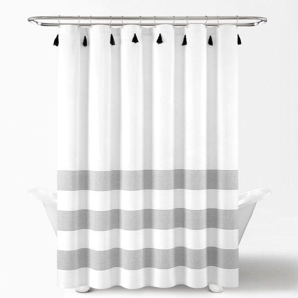 Boho Tassel Stripe Yarn Dyed Recycled Cotton Blend Shower Curtain