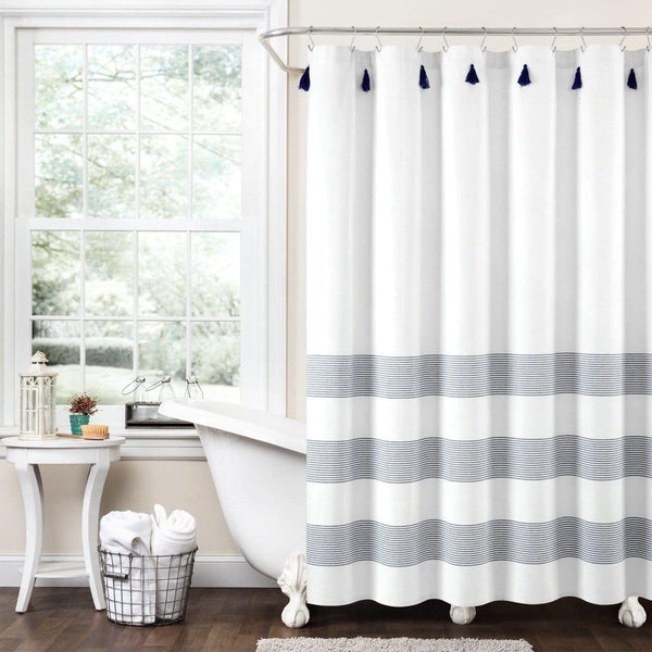 Boho Tassel Stripe Yarn Dyed Recycled Cotton Blend Shower Curtain