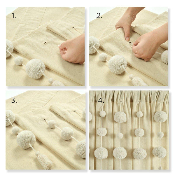 Boho Pom Pom Tassel Faux Linen Window Curtain Panel