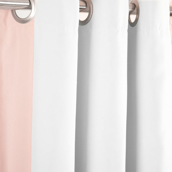 Set of three curtains in pink, white, and gray with metallic rings on a white background