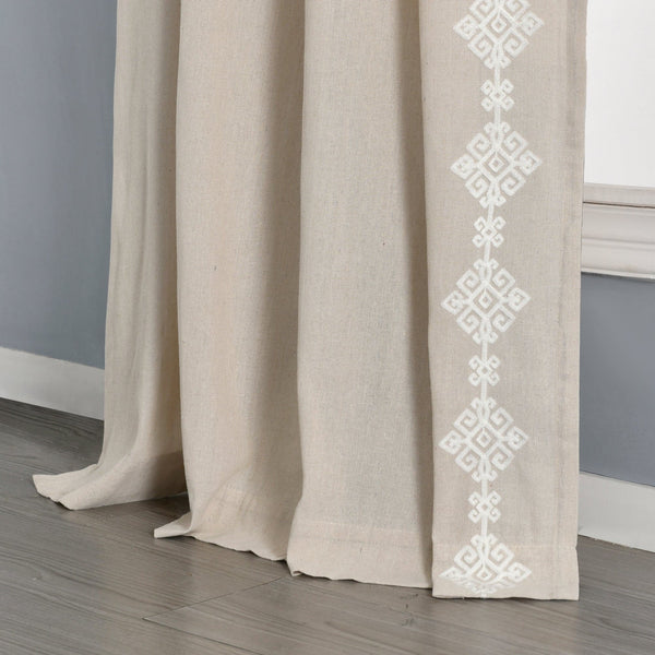 Luxury Modern Geo Linen Like Embroidery Border Window Curtain Panel