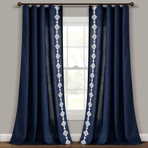 Luxury Modern Geo Linen Like Embroidery Border Window Curtain Panel