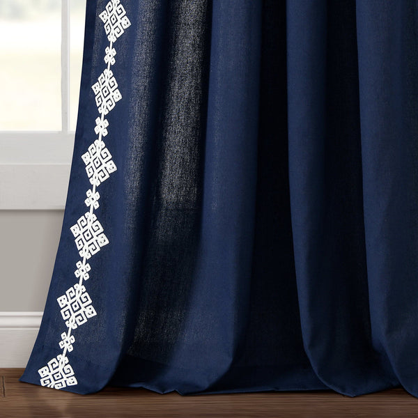 Luxury Modern Geo Linen Like Embroidery Border Window Curtain Panel