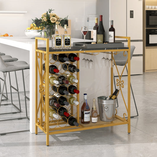 21 Bottle Wine Rack Freestanding Floor Wine Bottle Organizer with Glass Holder-Golden