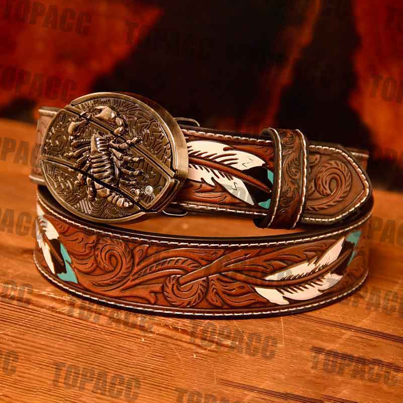 Waist 42-46 inch Western Leather Feather Belt - Block Buckle