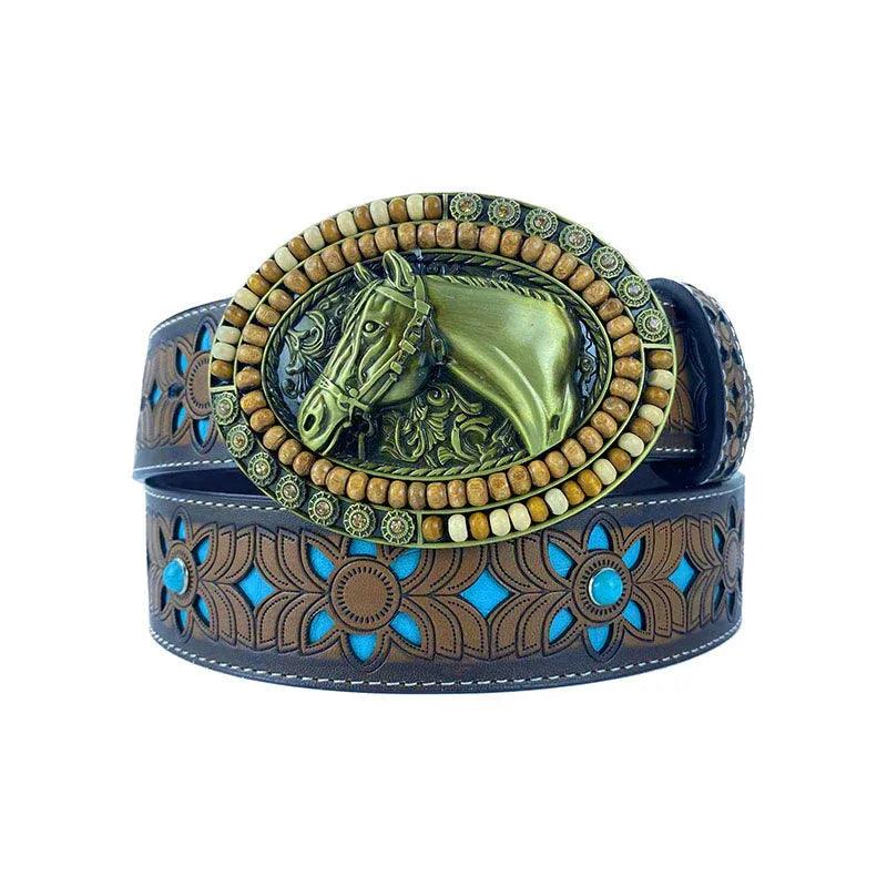 TOPACC Western Turquoise Belts - Oval Wooden Horse Buckle Copper/Bronze - Gifts for You 'n Me
