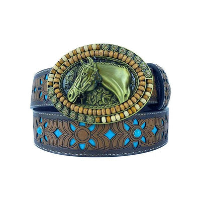 TOPACC Western Turquoise Belts - Oval Wooden Horse Buckle Copper/Bronze