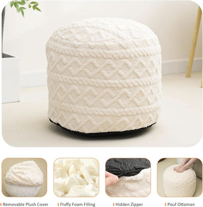 Beige Velvet Texture FauxFur Memory Foam Round Ottoman