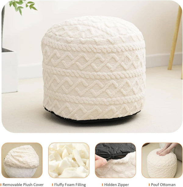 Beige Velvet Texture FauxFur Memory Foam Round Ottoman