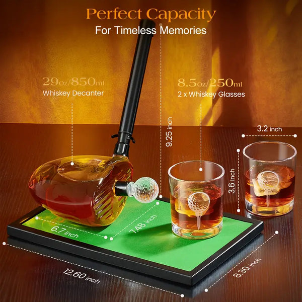 Whiskey decanter set with glasses on a wooden surface, showing measurements and capacity details.