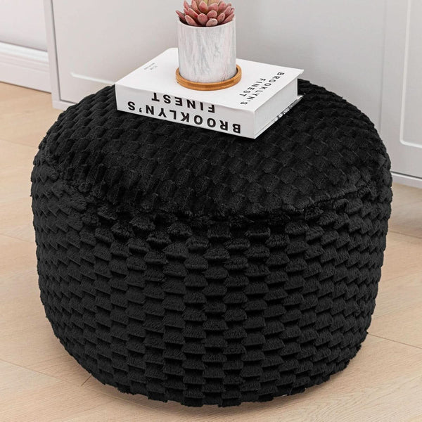 Round Plush Pouf Ottoman 20x12 Inches Black Upholstered