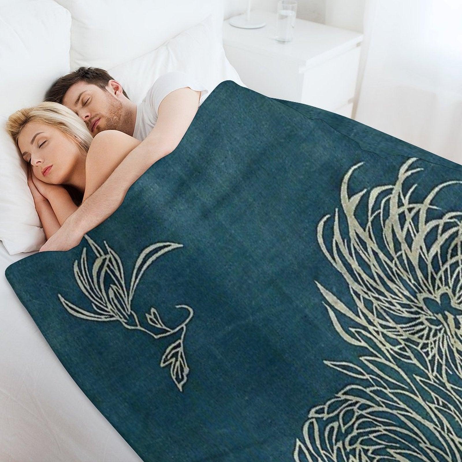 Japanese Textile Blue And White Lotus Flower Throw Blanket