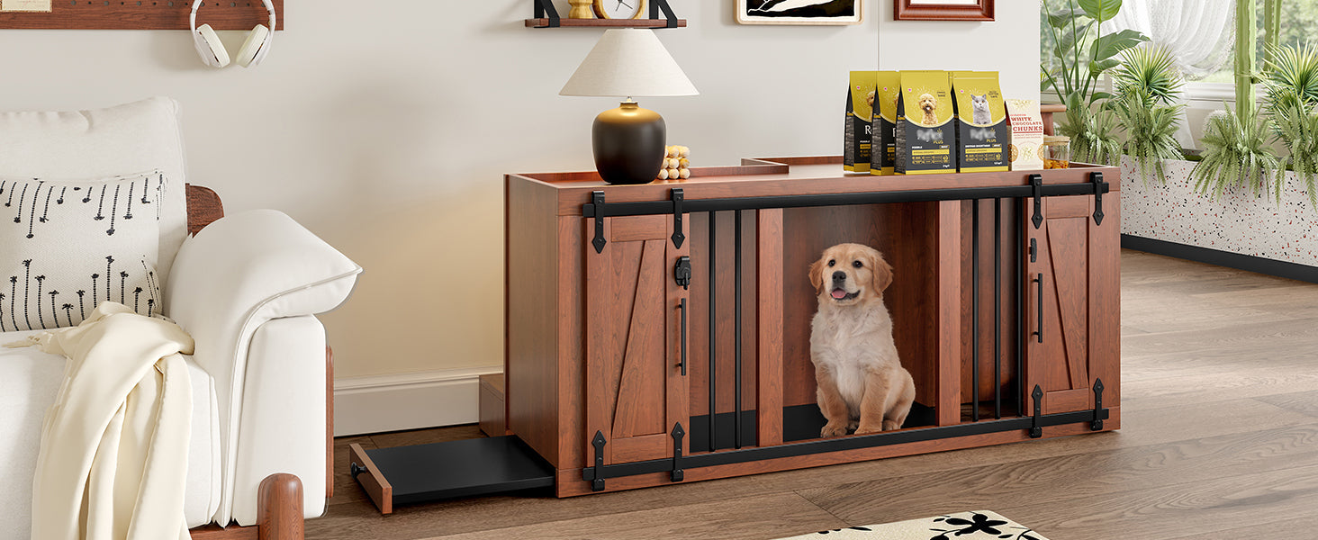 56'L, Furniture Style 2 in 1 Dog Crate with Padded Seat, Sliding Barn Door, Luxury Wooden Dog Kennel, End of Bed Bench Ottoman with Removable Cushion for Bedroom, Living Room, Walnut