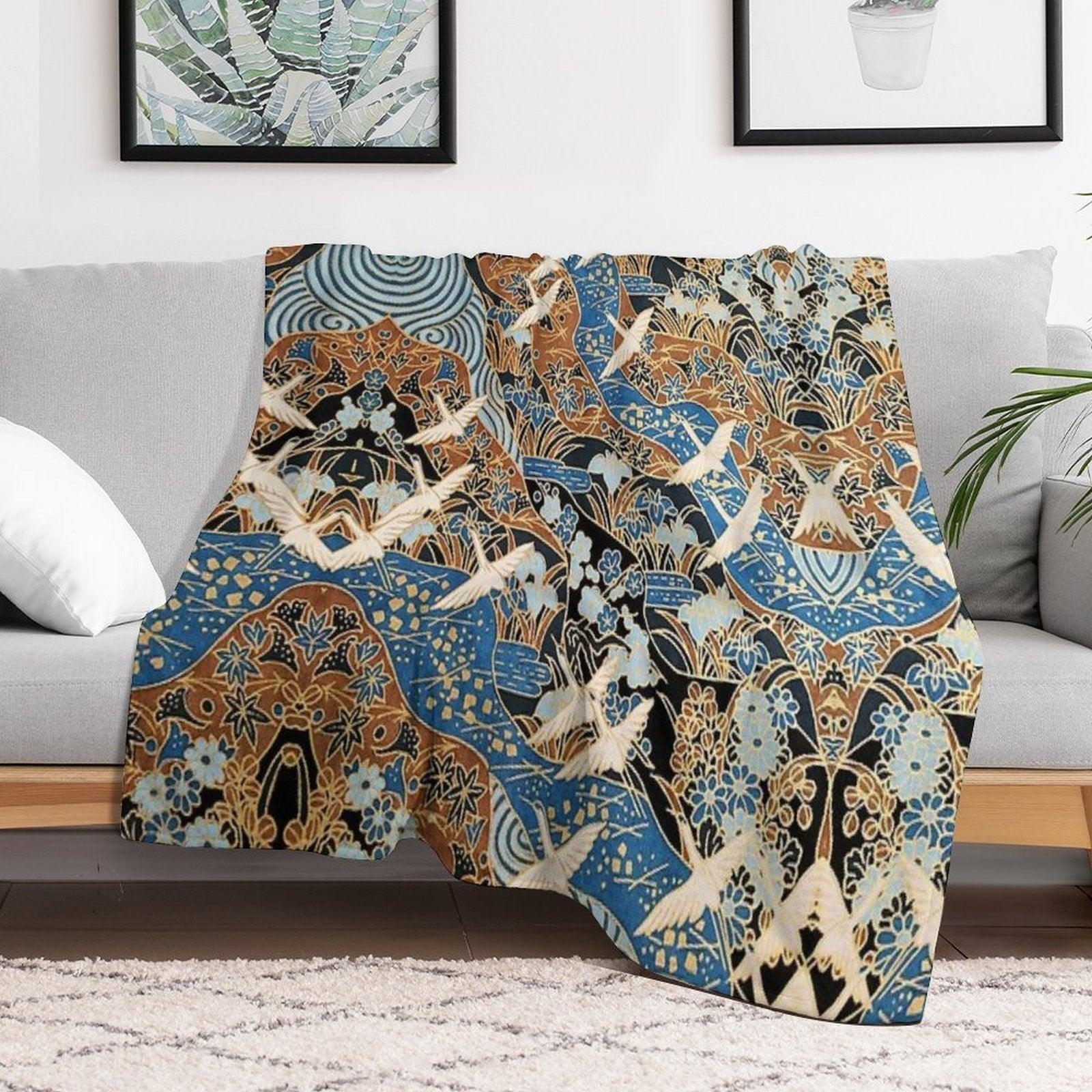 FLYING WHITE CRANES ON BLUE WATER AND SPRING FLOWERS  Antique Japanese Floral Throw Blanket