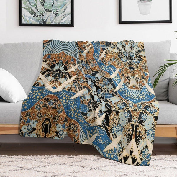 FLYING WHITE CRANES ON BLUE WATER AND SPRING FLOWERS  Antique Japanese Floral Throw Blanket