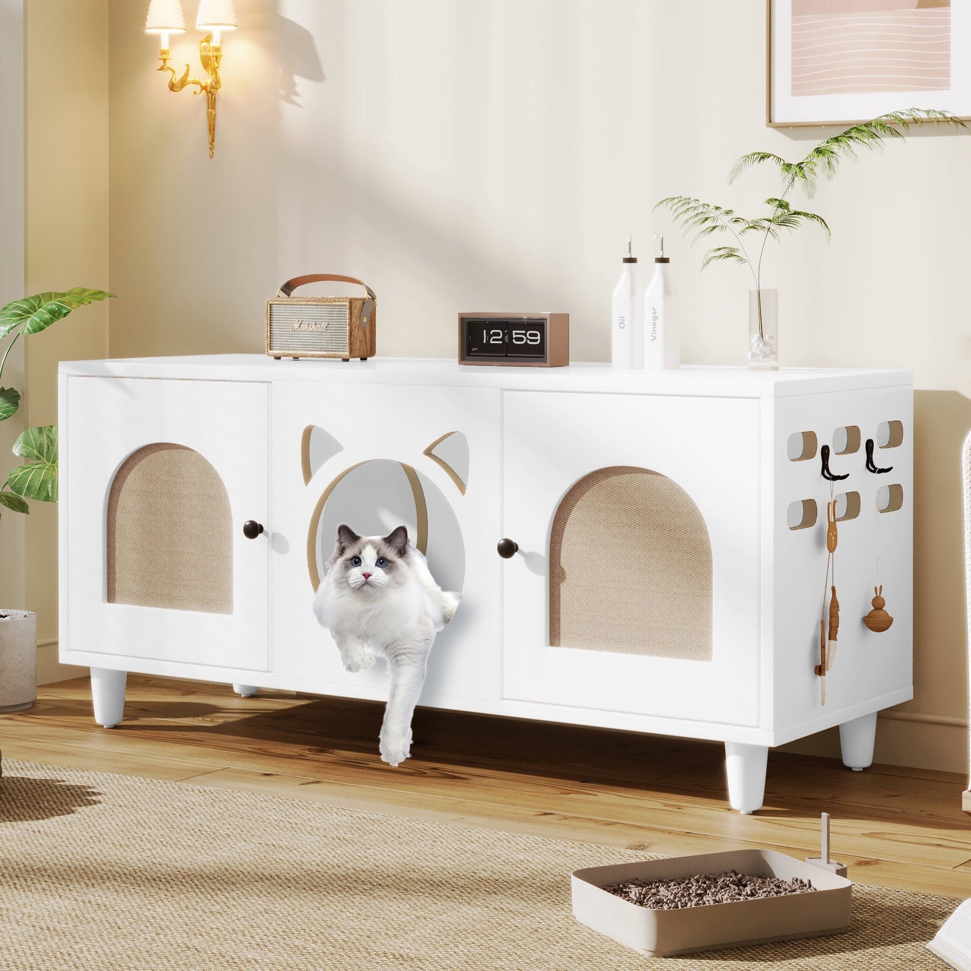 Furniture Style Cat Cabinet Cream White Cat Litter Box with Sisal Scratching Door MDF