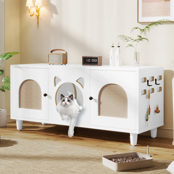 Furniture Style Cat Cabinet Cream White Cat Litter Box with Sisal Scratching Door MDF