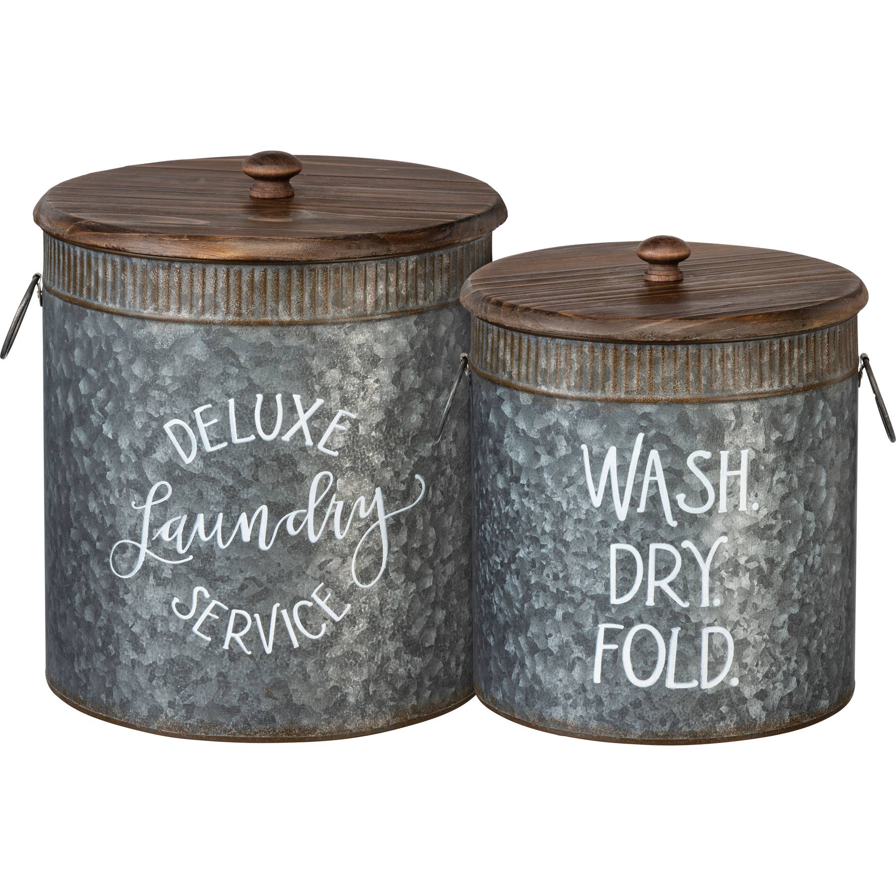 Laundry Bin Set - Deluxe Galvanized Metal Bins With Wooden Lids & Dual Handles