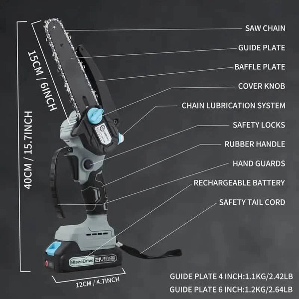 21V 4-6 Inch Cordless Chainsaw Kit with Built-in Lubrication, Battery and Charger