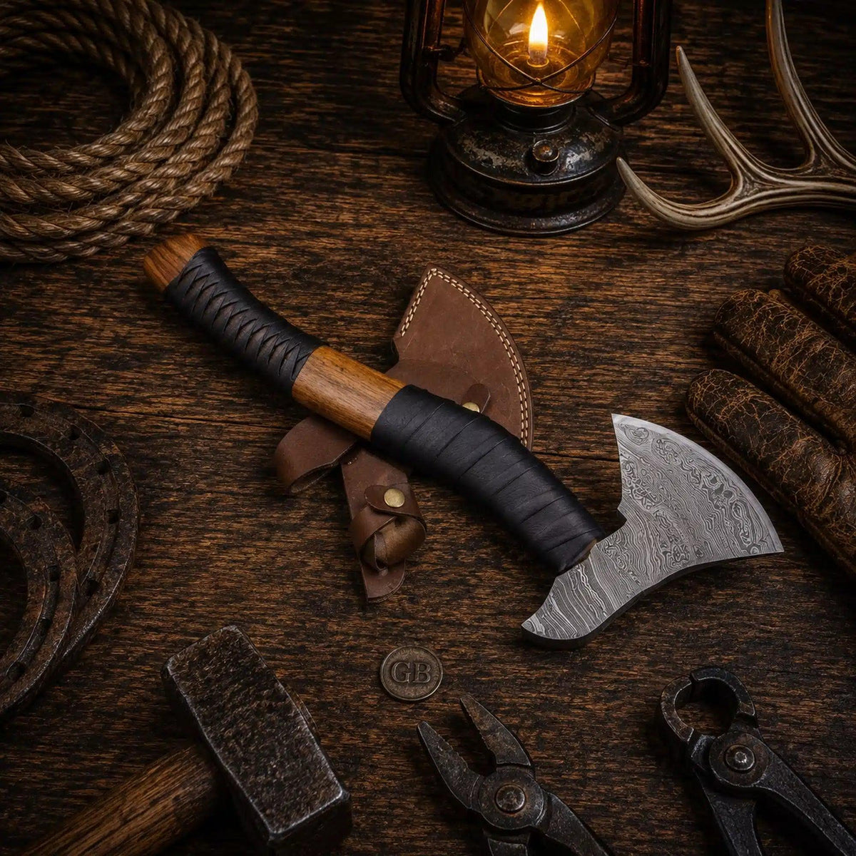 Best Handmade Damascus Tomahawk Axe Black Hawk with Belt Leather Sheath