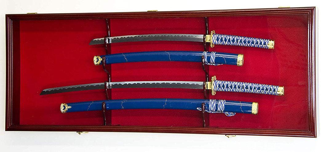 2 Sword Display Case Cabinet Stand Holder Wall Rack Box - Cherry Lockable w/ 98% UV Protection