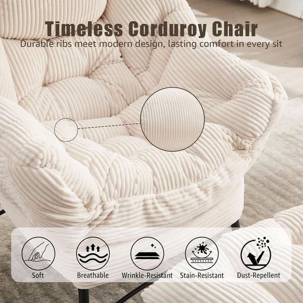 Large Corduroy White Armchair With Ottoman Footrest
