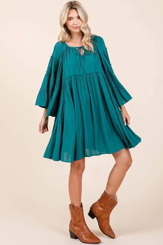 Frill Tie Neck Bell Sleeve Dress For Women – Feminine and Sophisticated Dress with Playful Frill Details and Elegant Bell Sleeves