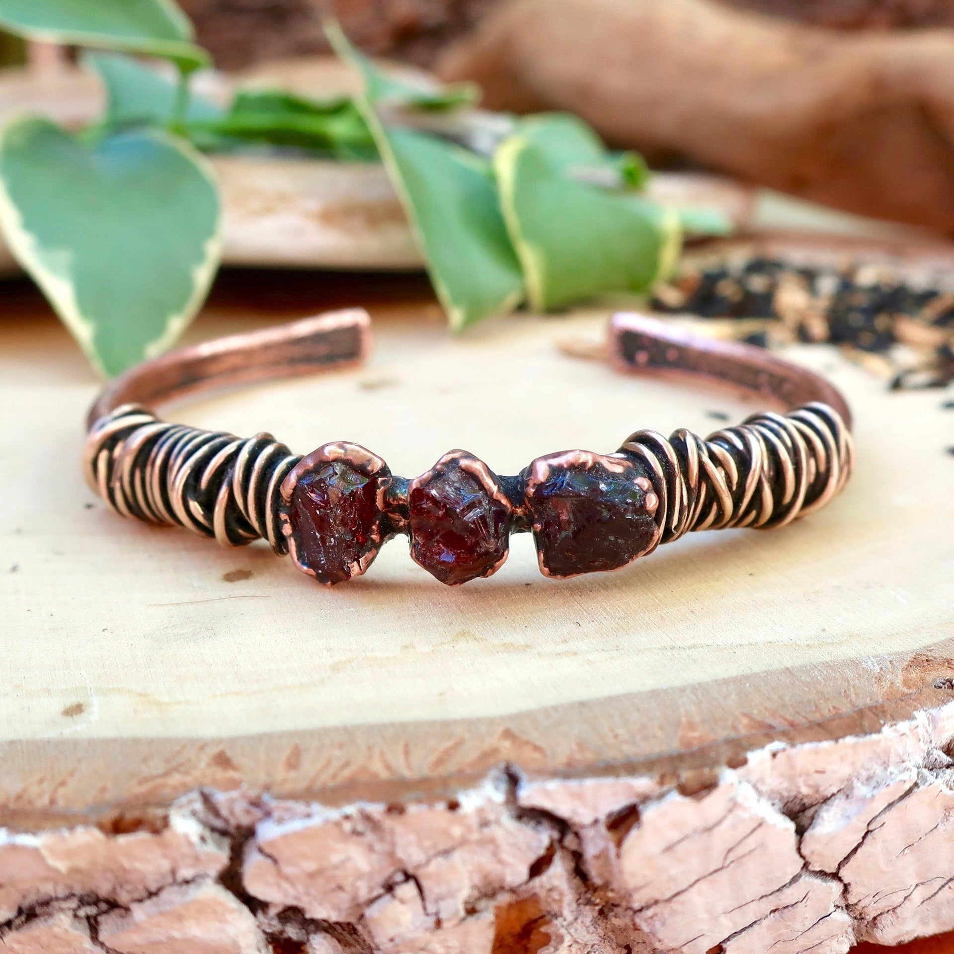 Raw Garnet Copper Cuff – January Stone | Handmade by Blackbird & Sage