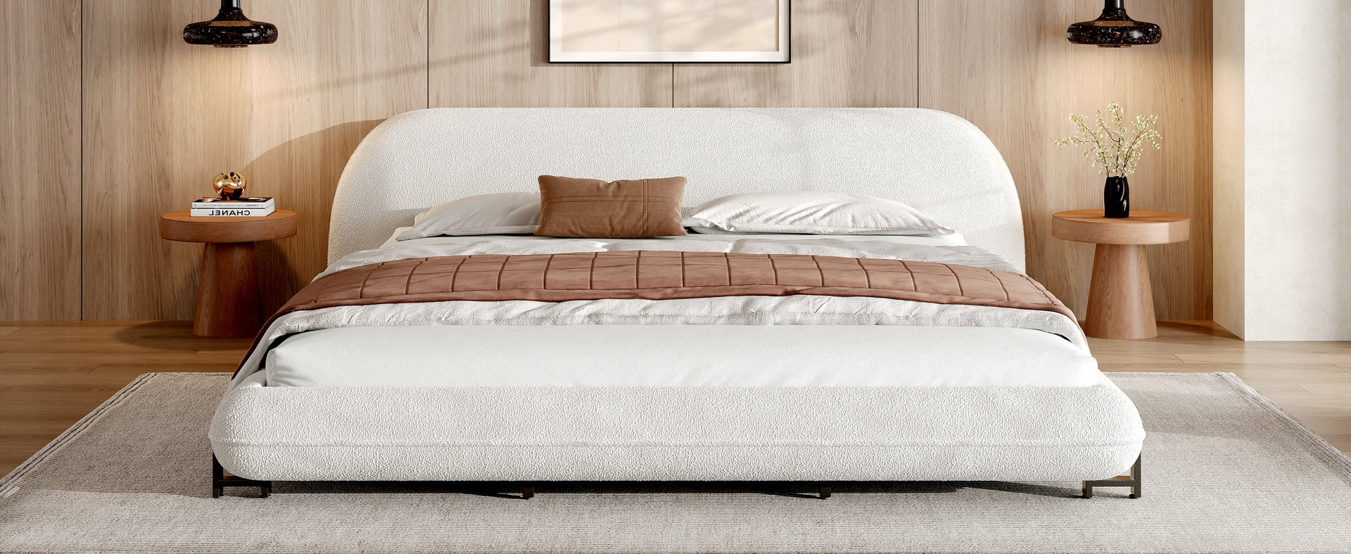 King Size Bed Frame with Boucle Fabric, Upholstered Platform Bed with Curve-Shaped Design & Thick Headboard, White