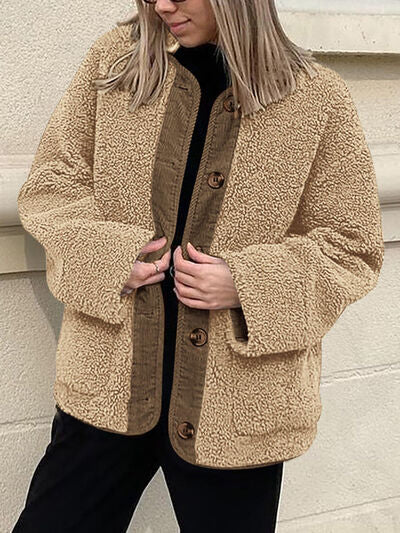 Modern Cozy Women Luxuriously Cozy Contrast Button Up Sherpa Jacket with Pockets For Fall & Winter