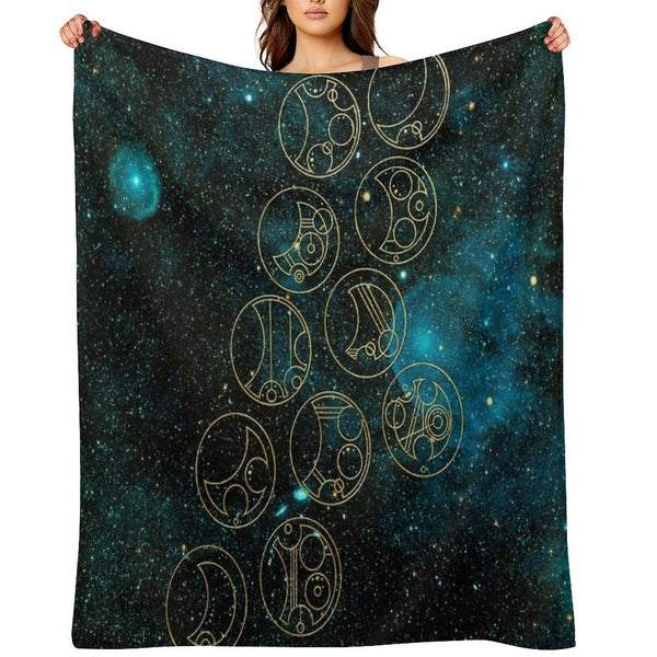 Time Lord Words in Gold on Teal Stellar Background Wrinkle-free Throw Blanket