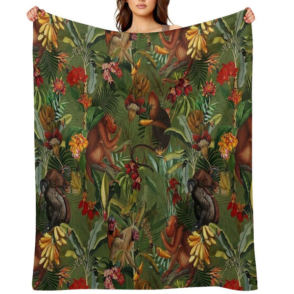 Tropical Monkey Jungle Pattern - Dark Green Botanical Night Garden Nightgarden Plush Throw Blanket