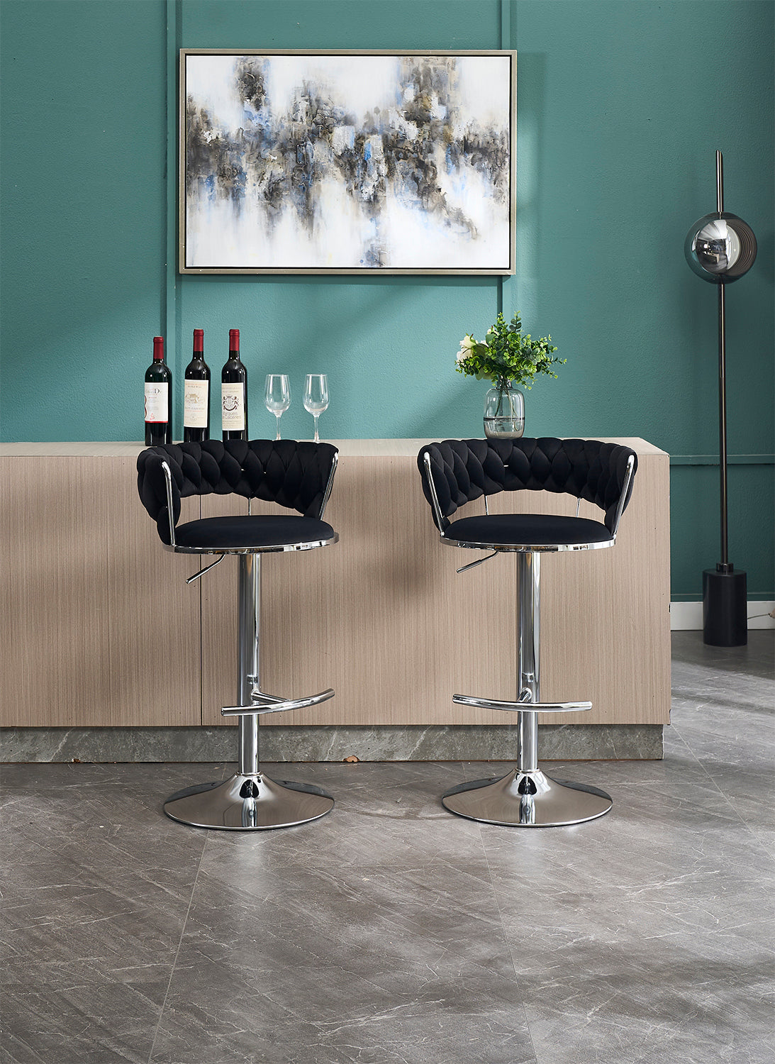 Set of 2 Bar Stools with Chrome Footrest & Base Swivel Height Adjustable Velvet