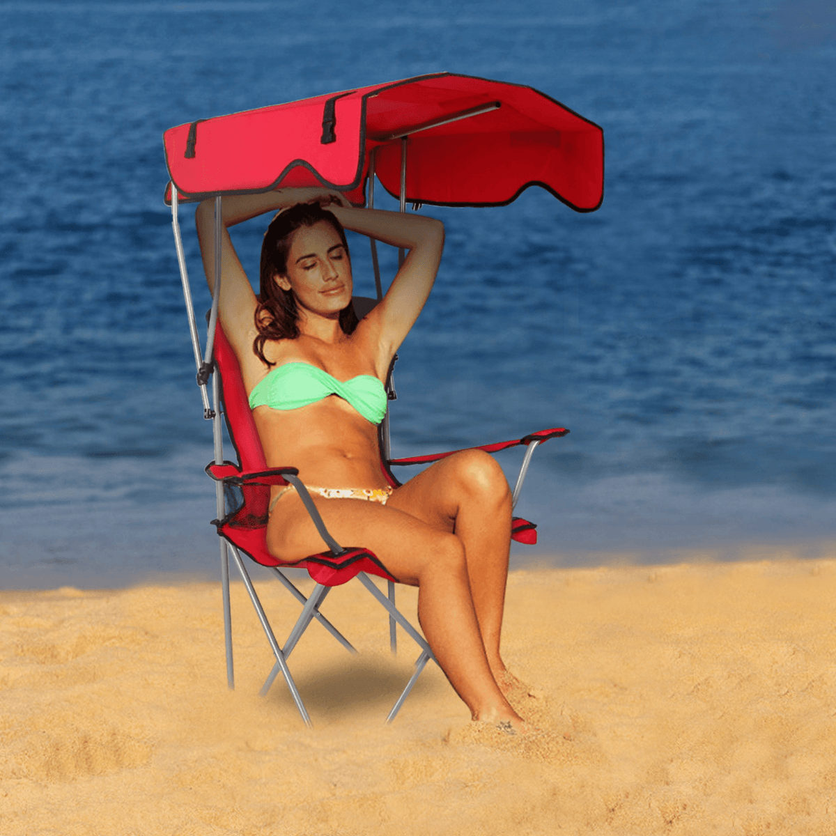 Foldable Beach Canopy Chair Sun Protection Camping Lawn Canopy Chair 330LBS Load Folding Seat w/ Cup Holder For Beach Poolside Travel Picnic