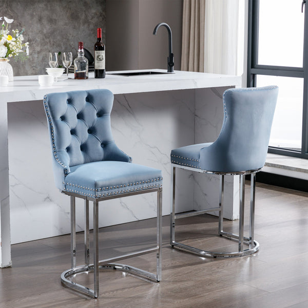 Counter Height Velvet Bar Stools with Button Back & Rivet Trim Upholstered Seats