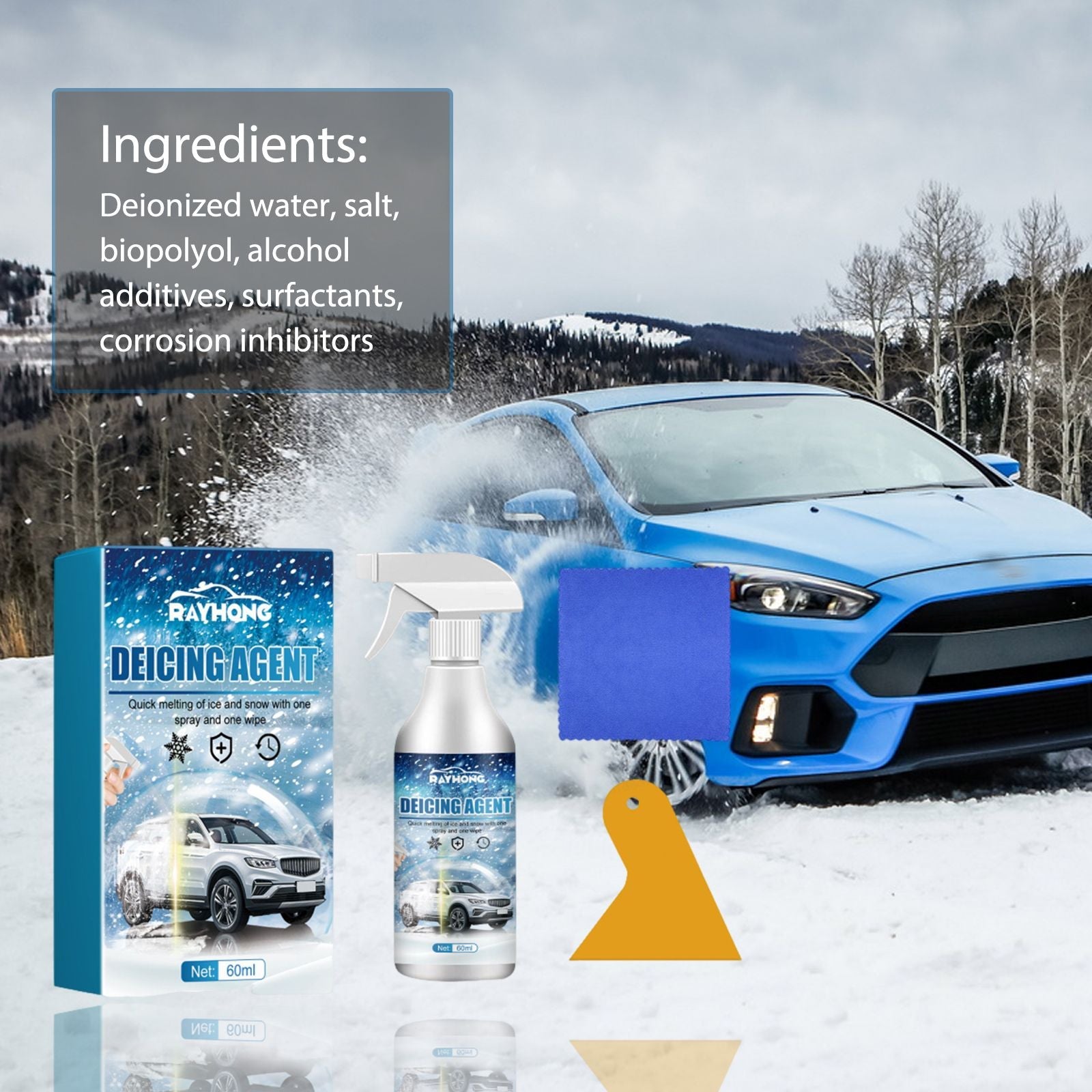 Deicing Agent, Winter Car Glass Fast Melting Snow Remover Front Windshield Snow Repellent