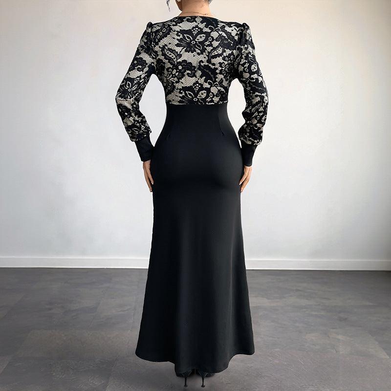 Sexy Retro Lace Splicing Long Sleeve V-neck Dress for Evening and Date