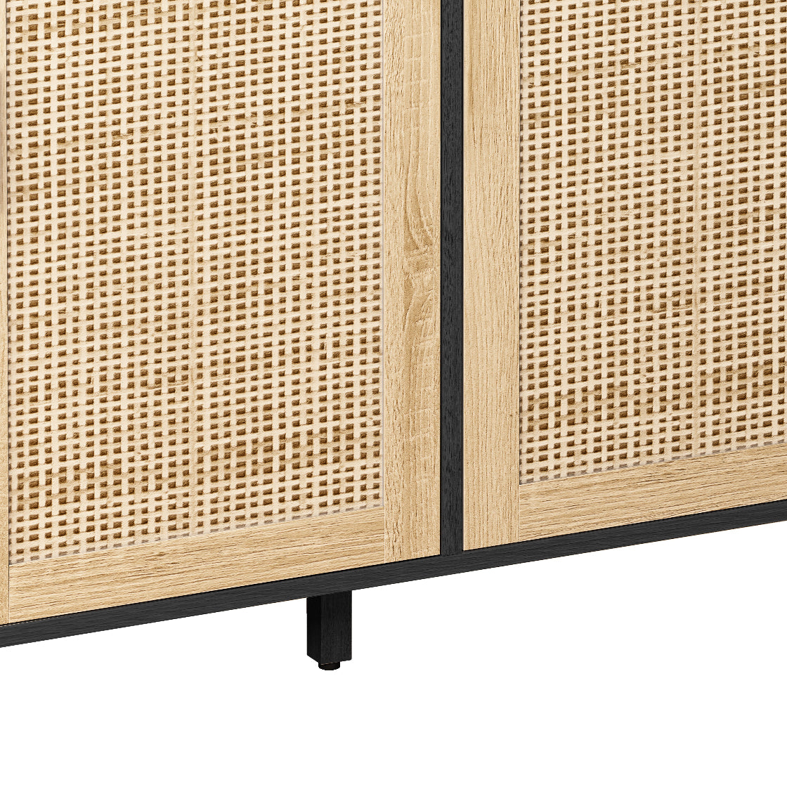 Close-up of a cabinet with rattan doors and black frame on a white background