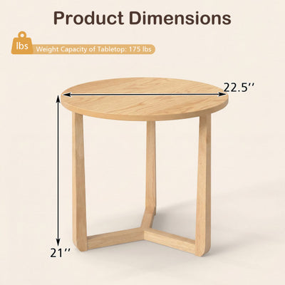 22.5 inch Round Side Table Farmhouse End Table with Sturdy Rubber Wood Legs and Triangular Structure-Natural