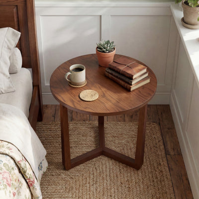 22.5 inch Round Side Table Farmhouse End Table with Sturdy Rubber Wood Legs and Triangular Structure-Walnut