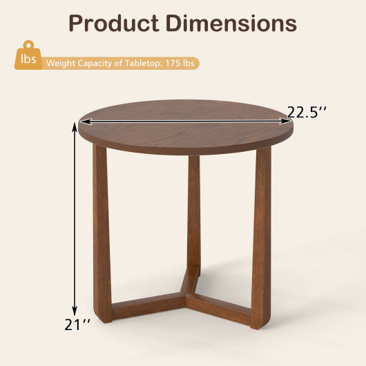 22.5 inch Round Side Table Farmhouse End Table with Sturdy Rubber Wood Legs and Triangular Structure-Walnut