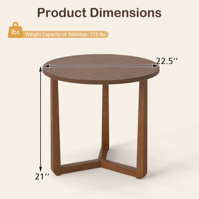 22.5 inch Round Side Table Farmhouse End Table with Sturdy Rubber Wood Legs and Triangular Structure-Walnut